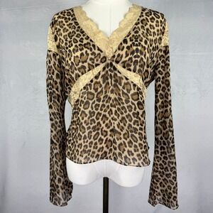 Moda International Y2K Boho Glam Fairy Grunge Leopard Lace Sheer Top Size M